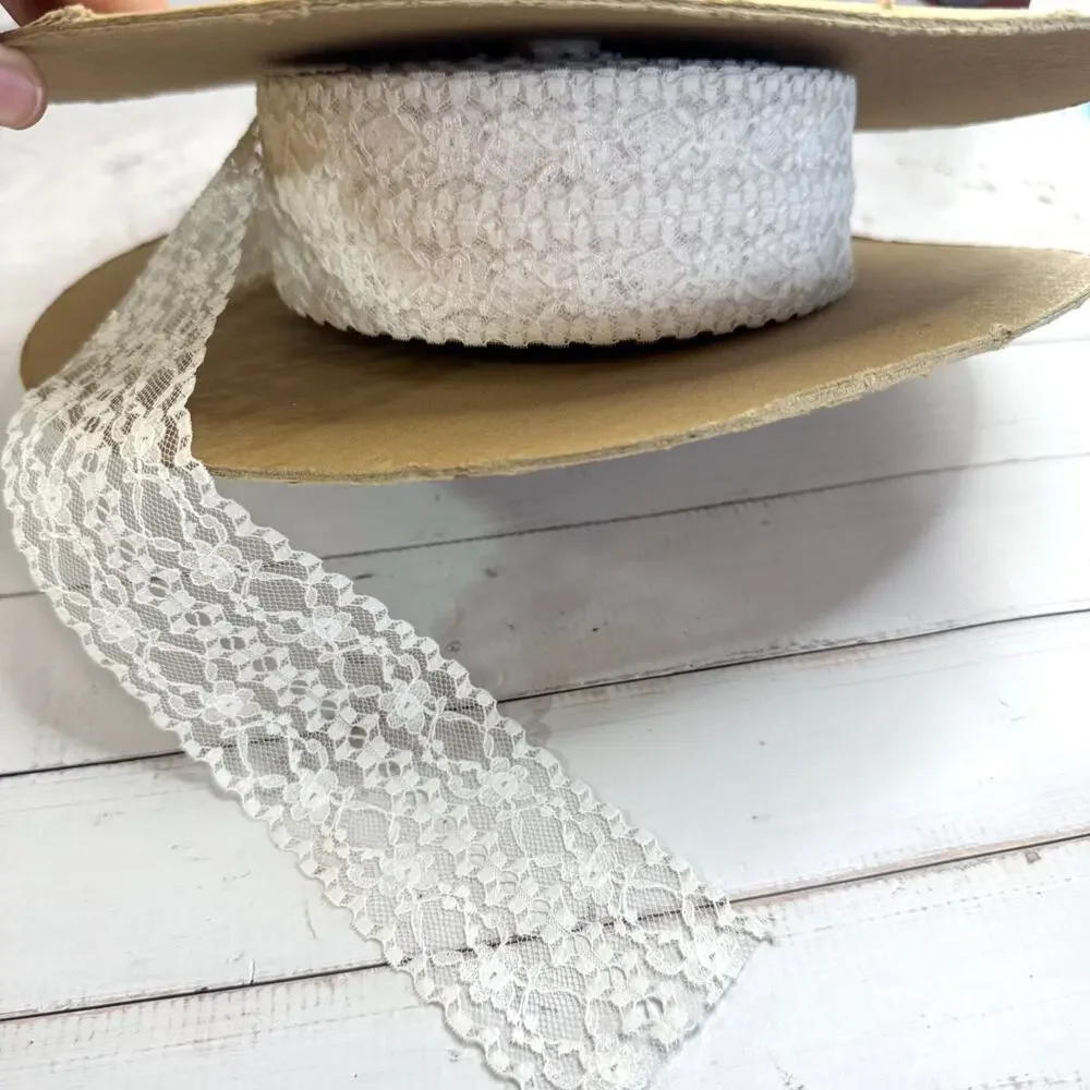 Vintage White Floral Lace Trim Spool 50% Left 2-3/8in Bulk Bridal Sewing Craft
